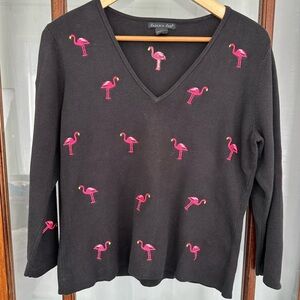 Eagles Eye Flamingo Sweater XL Black V Neck Embroidered 3/4 Sleeve Tropical Cute